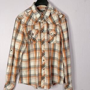 BKE Men Salmon/Gray Plaid Pattern Long Sleeve Button Down Shirt Size Medium